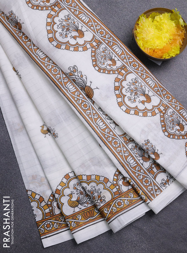 Chirala cotton saree off white and mustard yellow with allover zari stripe & annam butta prints and printed border