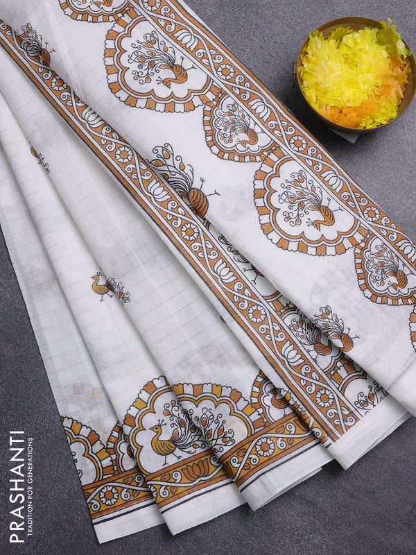 Chirala cotton saree off white and mustard yellow with allover zari stripe & annam butta prints and printed border