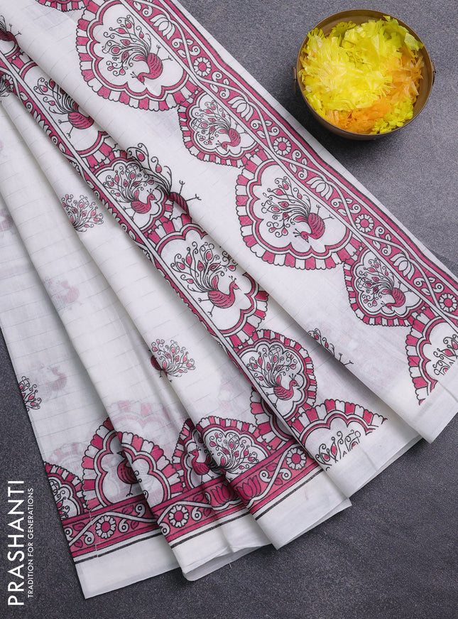 Chirala cotton saree off white and pink with allover zari stripe & annam butta prints and printed border