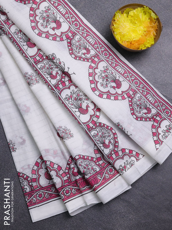 Chirala cotton saree off white and pink with allover zari stripe & annam butta prints and printed border