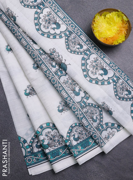 Chirala cotton saree off white and teal green with allover zari stripe & annam butta prints and printed border
