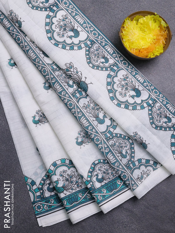 Chirala cotton saree off white and teal green with allover zari stripe & annam butta prints and printed border