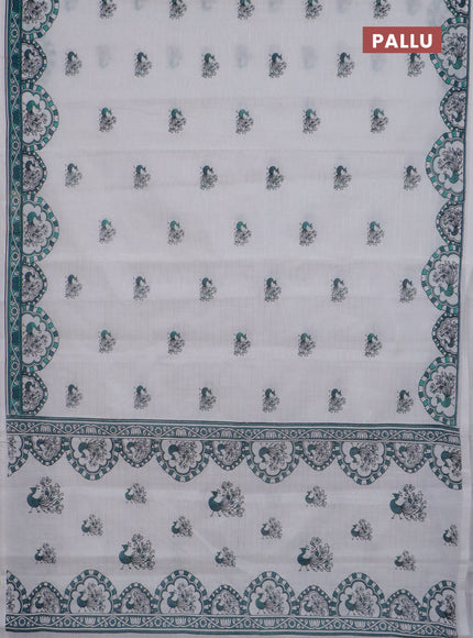 Chirala cotton saree off white and teal green with allover zari stripe & annam butta prints and printed border