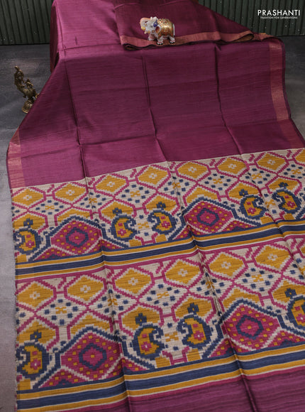 Pure dupion silk saree wine shade and beige with plain body and patola printed pallu