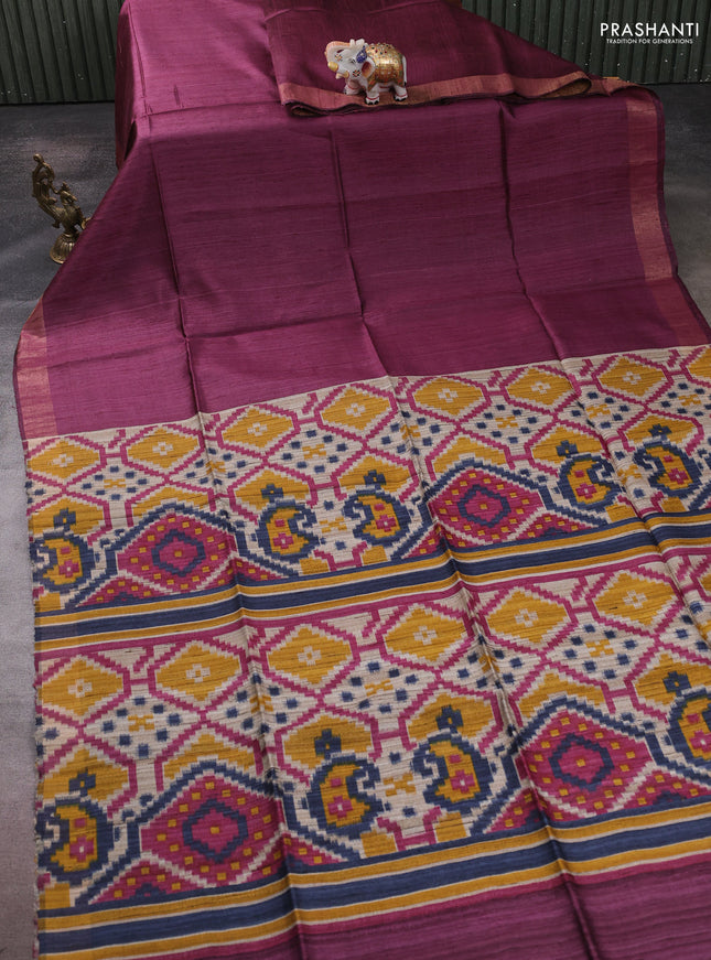 Pure dupion silk saree wine shade and beige with plain body and patola printed pallu