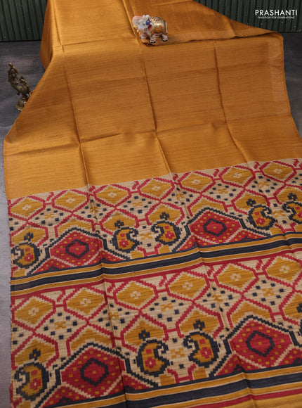 Pure dupion silk saree mustard yellow and beige with plain body and patola printed pallu
