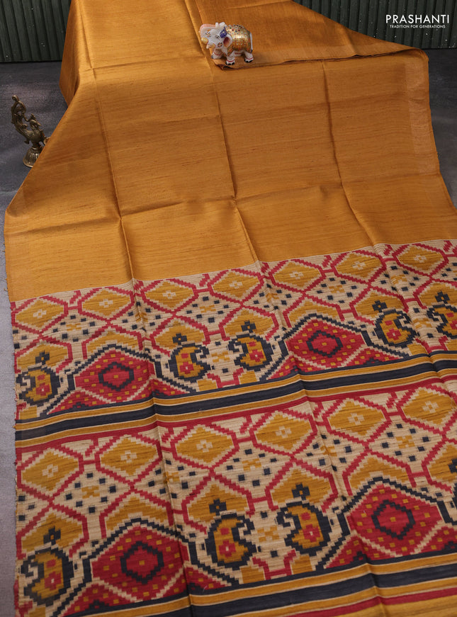 Pure dupion silk saree mustard yellow and beige with plain body and patola printed pallu