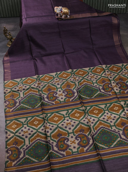Pure dupion silk saree jamun shade and beige with plain body and patola printed pallu