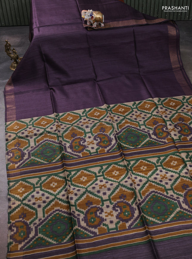 Pure dupion silk saree jamun shade and beige with plain body and patola printed pallu