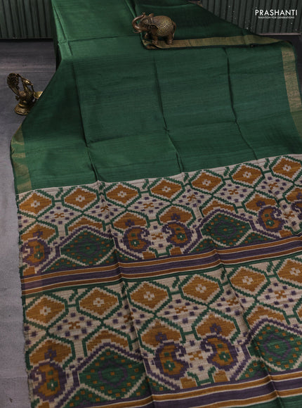 Pure dupion silk saree green and beige with plain body and patola printed pallu