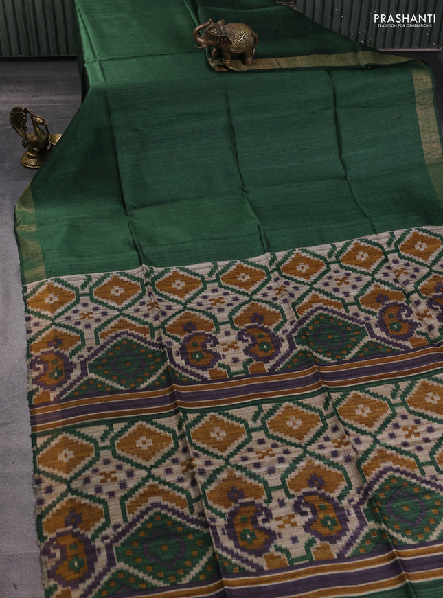 Pure dupion silk saree green and beige with plain body and patola printed pallu