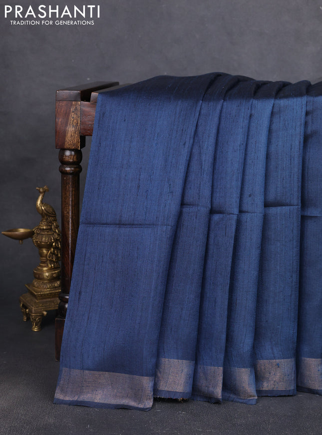 Pure dupion silk saree peacock blue and beige with plain body and patola printed pallu
