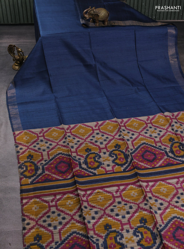 Pure dupion silk saree peacock blue and beige with plain body and patola printed pallu