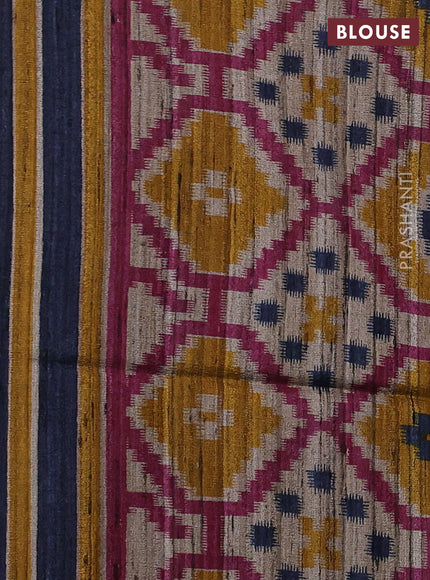 Pure dupion silk saree peacock blue and beige with plain body and patola printed pallu