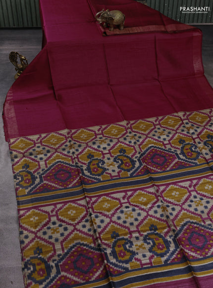 Pure dupion silk saree maroon and beige with plain body and patola printed pallu