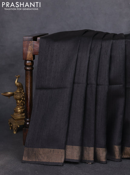 Pure dupion silk saree black and beige with plain body and patola printed pallu