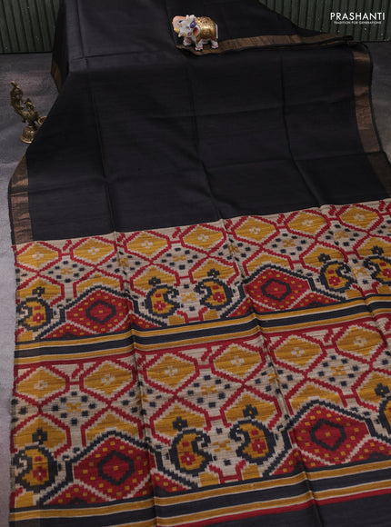 Pure dupion silk saree black and beige with plain body and patola printed pallu