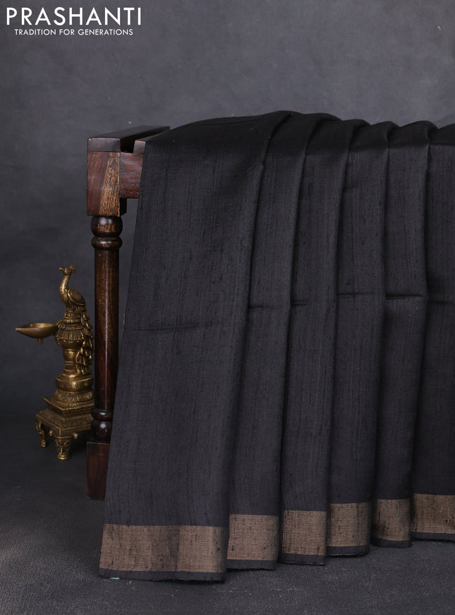 Pure dupion silk saree black and beige with plain body and madhubani printed pallu