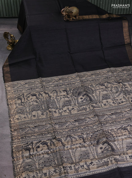 Pure dupion silk saree black and beige with plain body and madhubani printed pallu