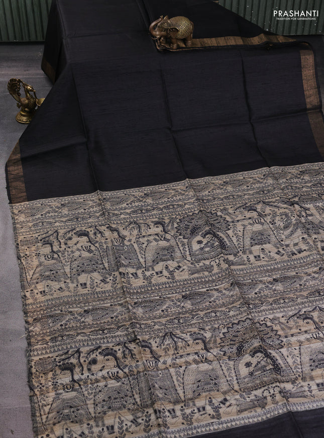 Pure dupion silk saree black and beige with plain body and madhubani printed pallu