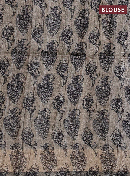 Pure dupion silk saree black and beige with plain body and madhubani printed pallu
