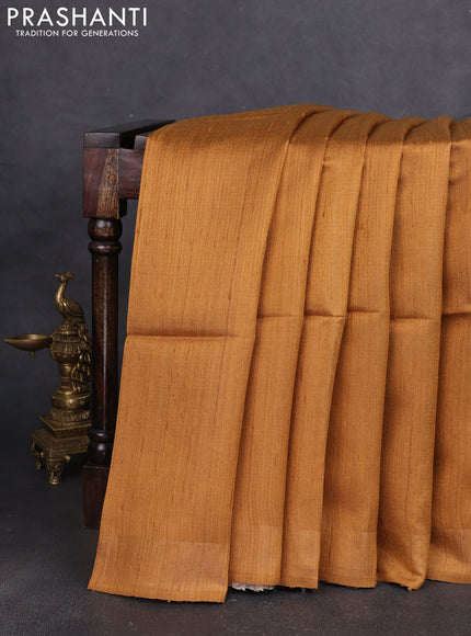 Pure dupion silk saree mustard yellow and beige with plain body and madhubani printed pallu