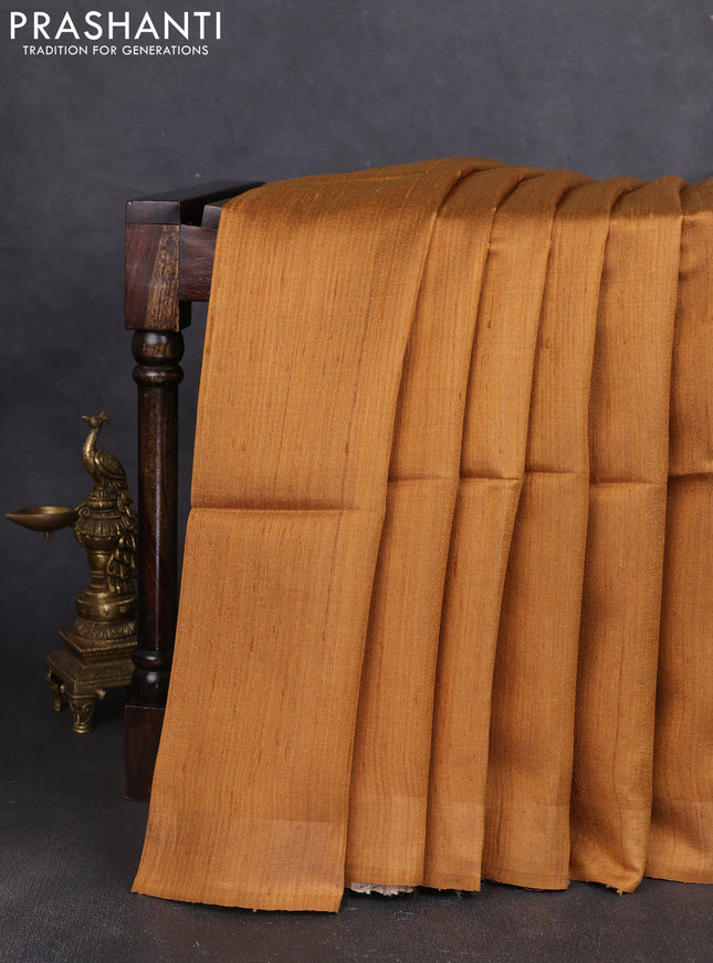 Pure dupion silk saree mustard yellow and beige with plain body and madhubani printed pallu