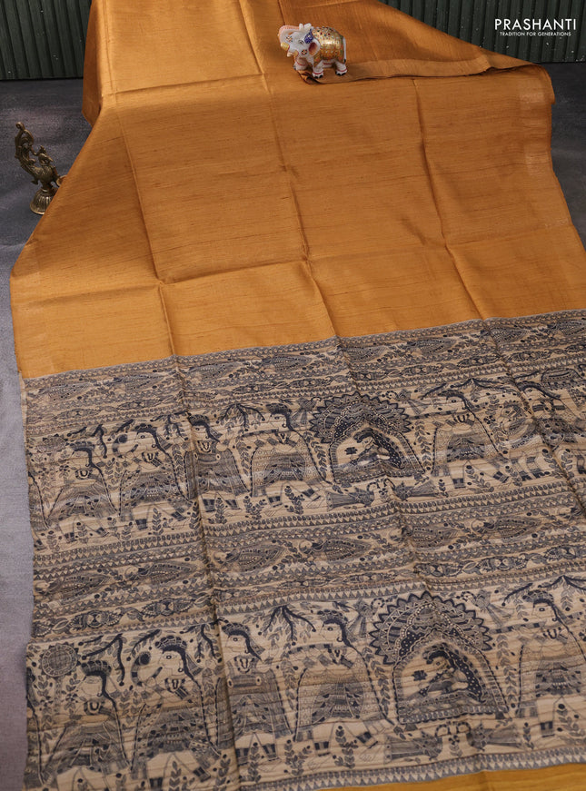 Pure dupion silk saree mustard yellow and beige with plain body and madhubani printed pallu