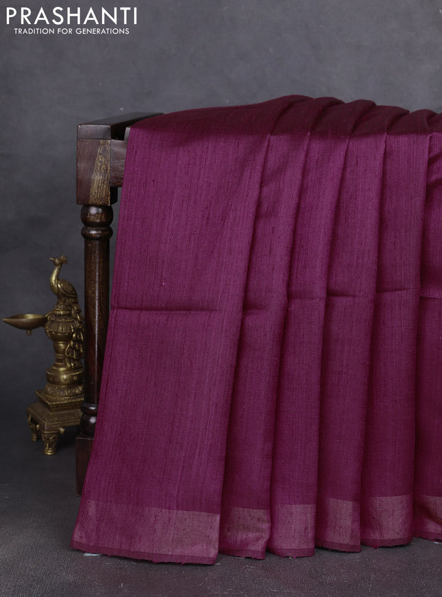Pure dupion silk saree maroon and beige with plain body and madhubani printed pallu