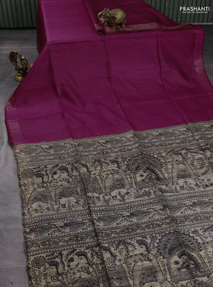 Pure dupion silk saree maroon and beige with plain body and madhubani printed pallu