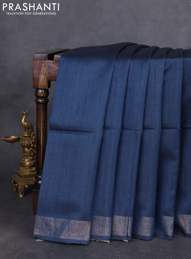 Pure dupion silk saree navy blue and beige with plain body and madhubani printed pallu