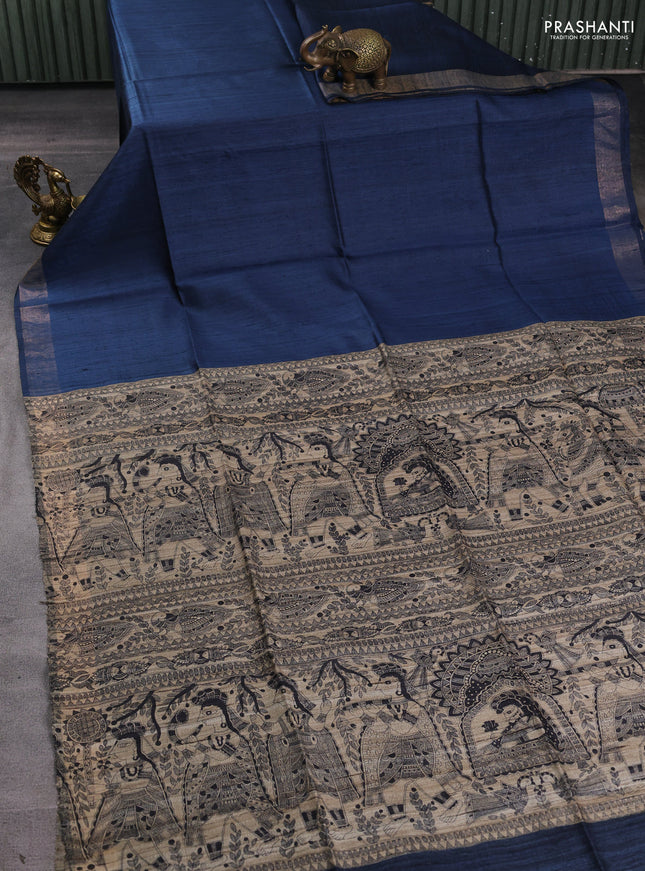 Pure dupion silk saree navy blue and beige with plain body and madhubani printed pallu