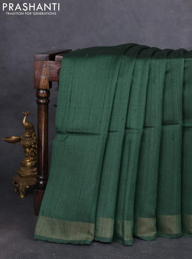 Pure dupion silk saree green and beige with plain body and madhubani printed pallu