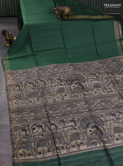 Pure dupion silk saree green and beige with plain body and madhubani printed pallu