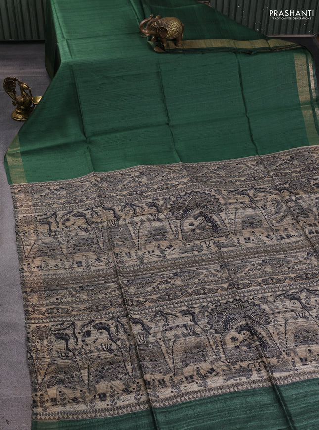 Pure dupion silk saree green and beige with plain body and madhubani printed pallu