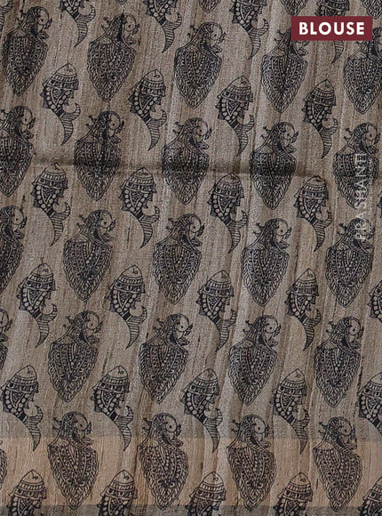 Pure dupion silk saree green and beige with plain body and madhubani printed pallu