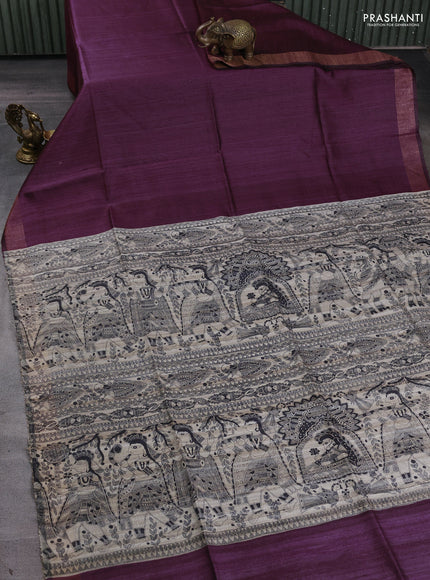 Pure dupion silk saree wine shade and beige with plain body and madhubani printed pallu