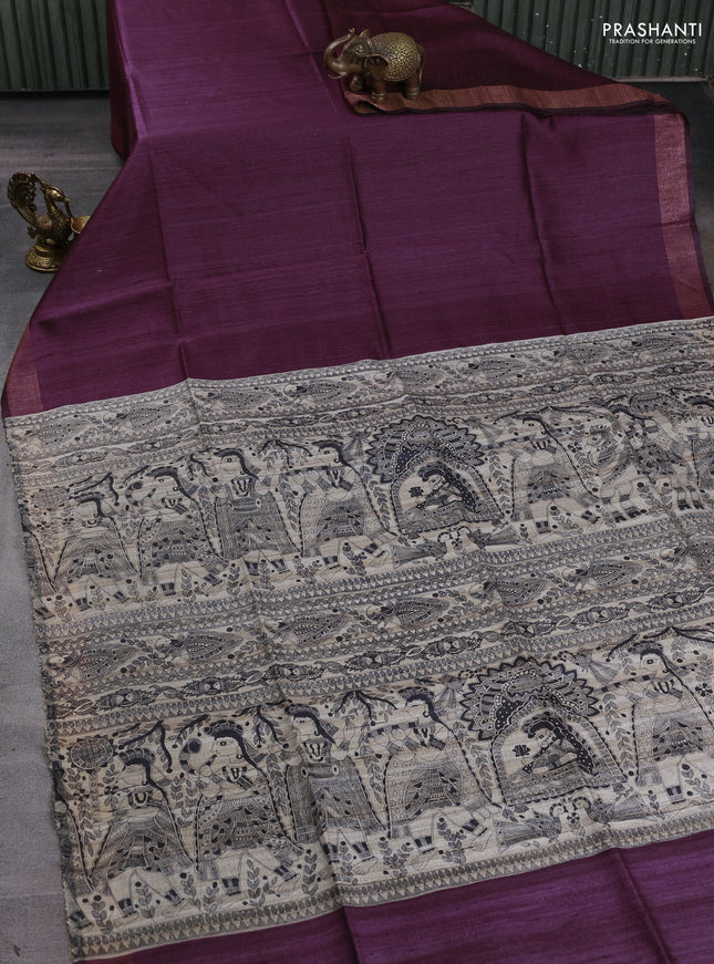 Pure dupion silk saree wine shade and beige with plain body and madhubani printed pallu