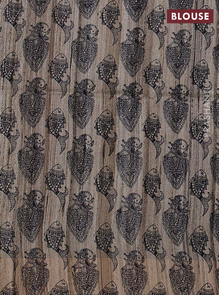 Pure dupion silk saree wine shade and beige with plain body and madhubani printed pallu