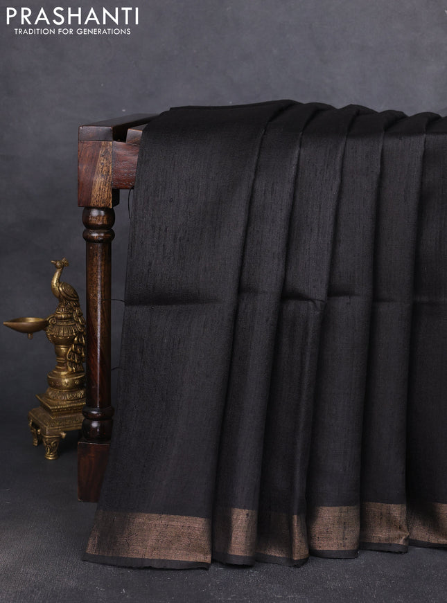 Pure dupion silk saree black and beige with plain body and madhubani printed pallu