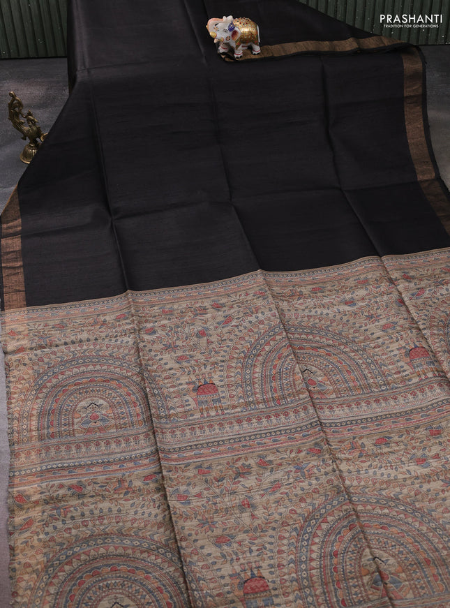 Pure dupion silk saree black and beige with plain body and madhubani printed pallu