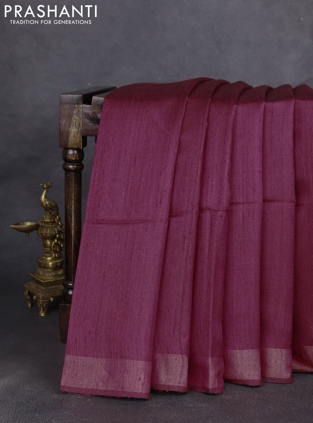 Pure dupion silk saree maroon and beige with plain body and madhubani printed pallu