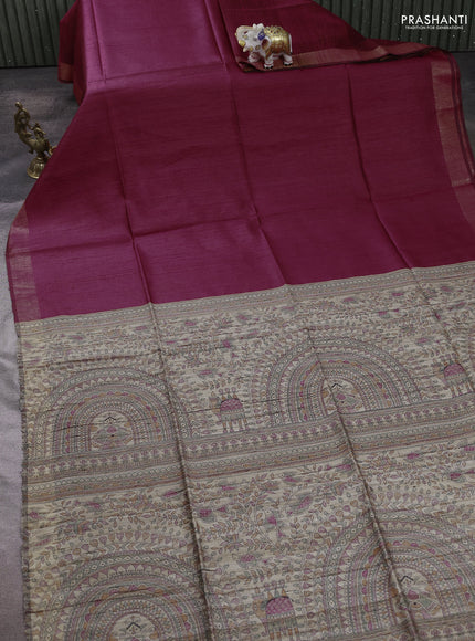 Pure dupion silk saree maroon and beige with plain body and madhubani printed pallu