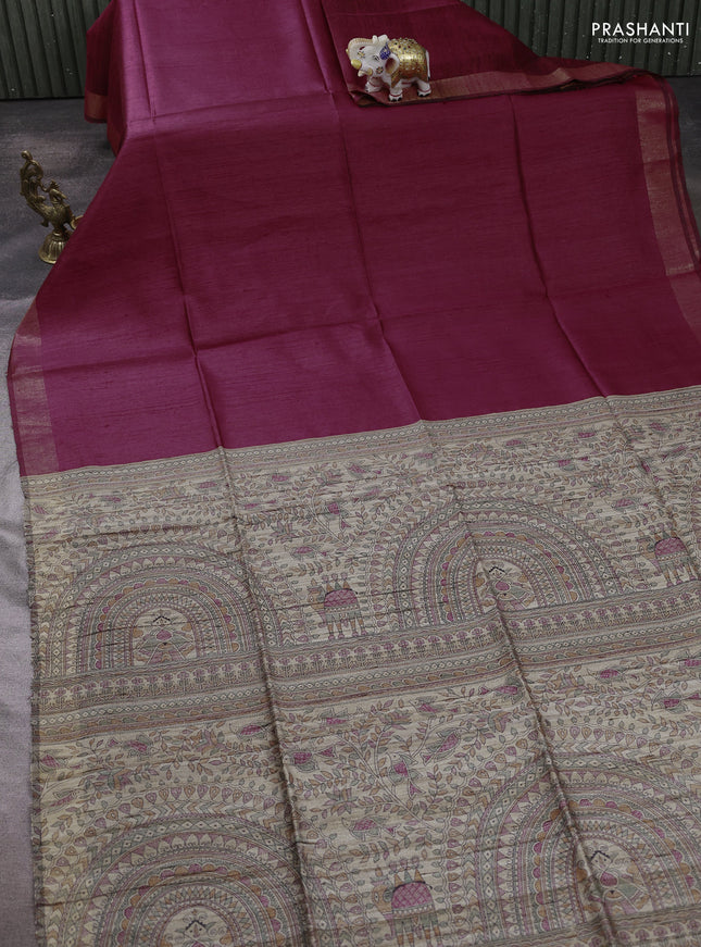 Pure dupion silk saree maroon and beige with plain body and madhubani printed pallu