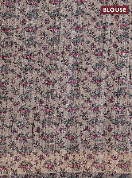 Pure dupion silk saree maroon and beige with plain body and madhubani printed pallu