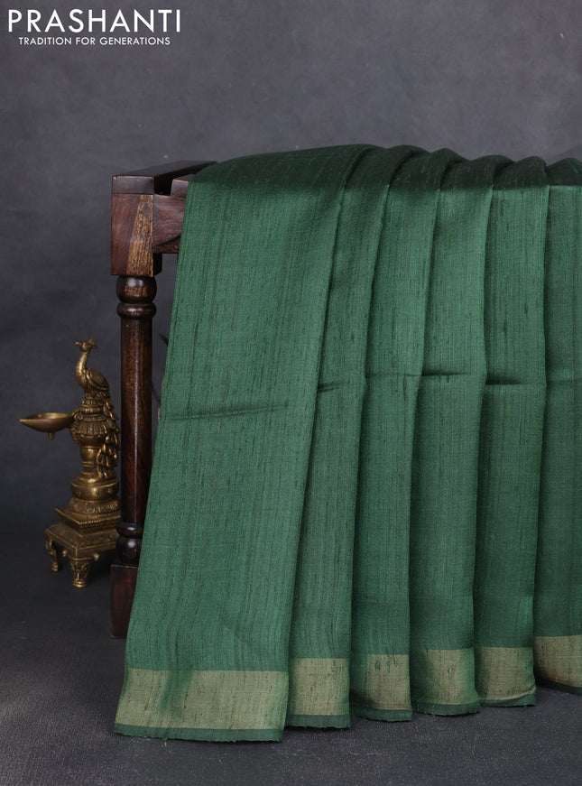 Pure dupion silk saree green and beige with plain body and madhubani printed pallu