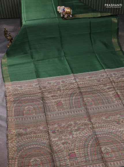 Pure dupion silk saree green and beige with plain body and madhubani printed pallu