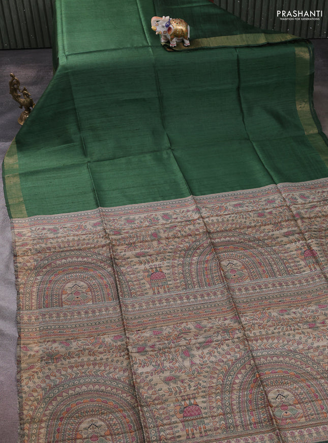 Pure dupion silk saree green and beige with plain body and madhubani printed pallu