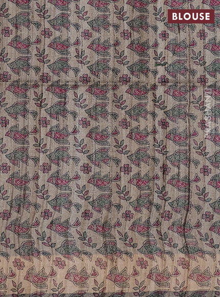 Pure dupion silk saree green and beige with plain body and madhubani printed pallu