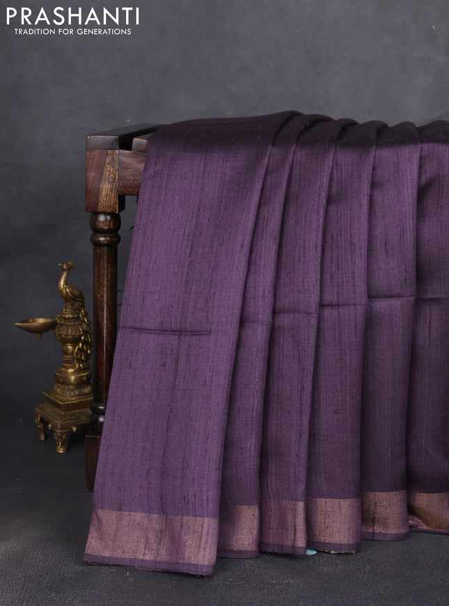 Pure dupion silk saree jamun shade and beige with plain body and madhubani printed pallu